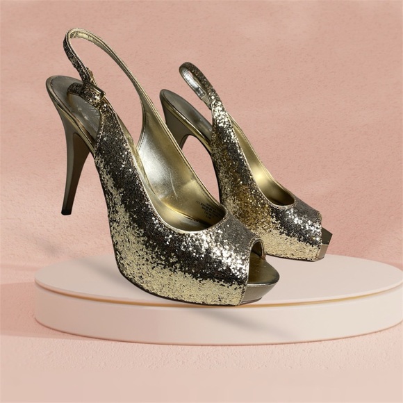 Shoes - Nine West Women's Heels Glameron Gold Sparkle Metallic Slingback Size 6.5